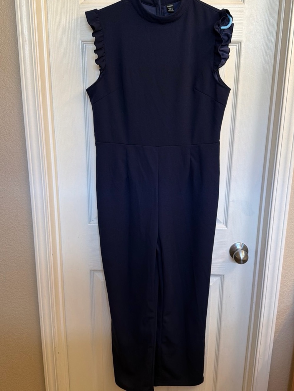 SHEIN Navy Ruffle-Sleeve High-Neck Jumpsuit